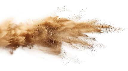 Fototapeta na wymiar A cloud of tan sand explodes across a white background, creating a dynamic and abstract image of motion and energy