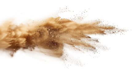 A cloud of tan sand explodes across a white background, creating a dynamic and abstract image of motion and energy