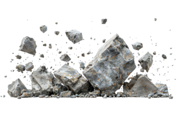 A large, gray stone wall explodes outward, sending shards and pieces flying through the air