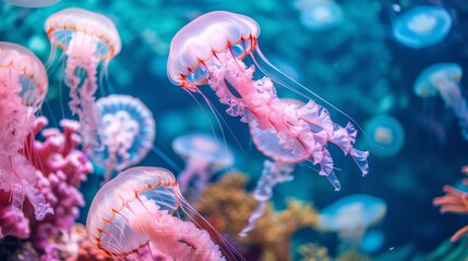 Obraz premium Underwater scene with colorful jellyfish and coral, vibrant marine life. Ocean exploration and biodiversity concept