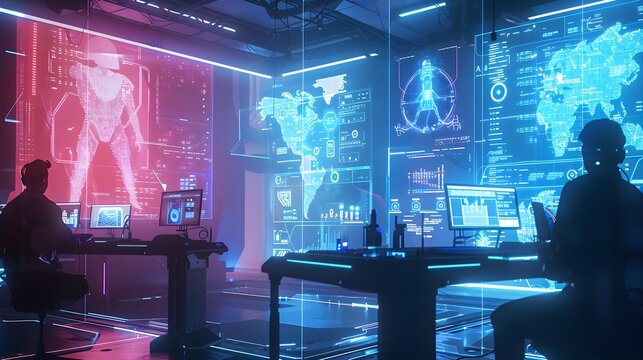 Futuristic Classroom with Students Interacting with Advanced AI Technology - Powered by Adobe