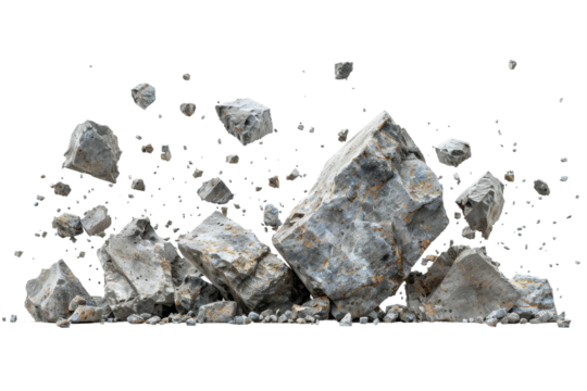 A large, gray stone wall explodes outward, sending shards and pieces flying through the air