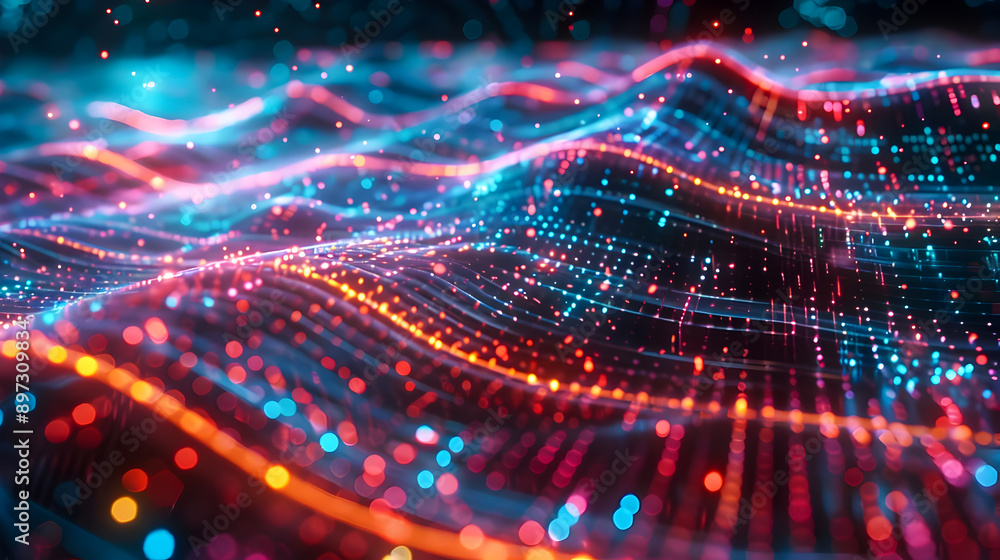 Poster captivating 3d of a stylized digital landscape featuring vibrant light trails glowing data streams a