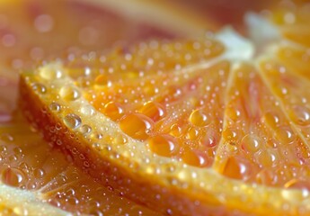 A close-up of an orange slice, focusing on the juicy texture and surface details