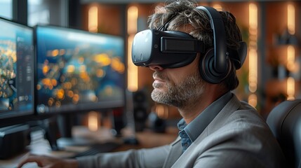 A man with a beard sits at his desk, wearing a virtual reality headset and headphones, working remotely from his home office.