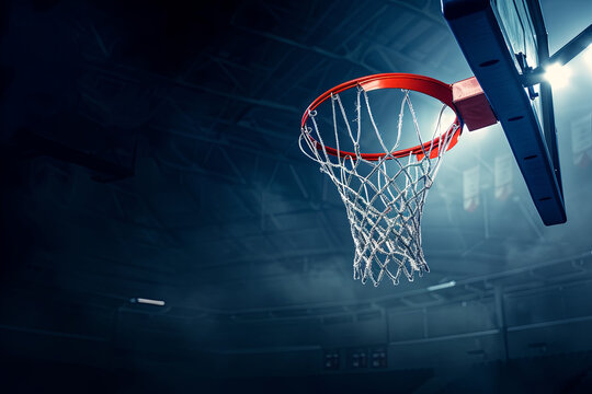 Professional basketball hoop on a black background, sports poster theme
