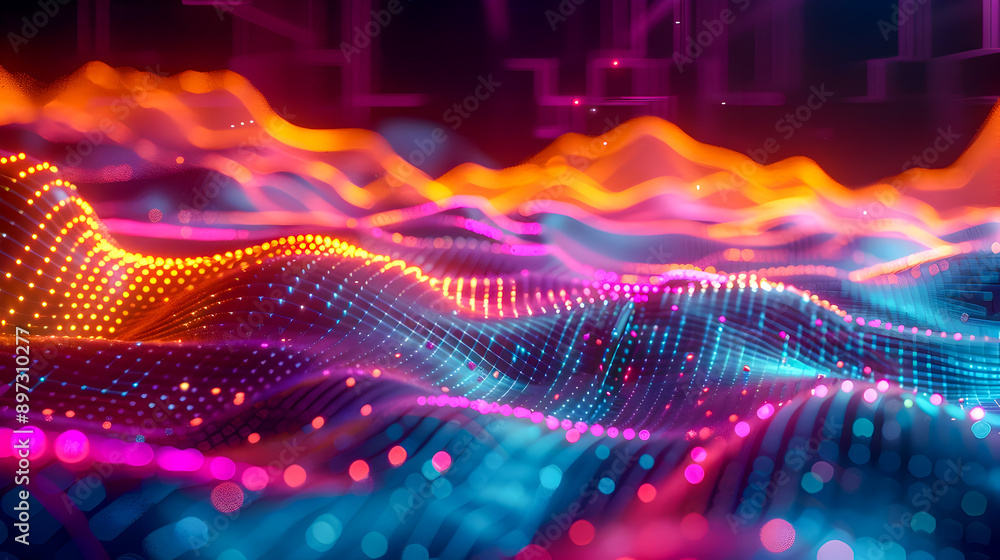 Poster stylized 3d of dynamic colorful light trails in a dark grid like digital landscape with flowing data