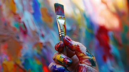 Hand Holding a Paintbrush: A hand holding a paintbrush dipped in colorful paint, ready to create art.
