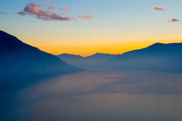 Aerial View over Alpine Lake Maggiore in Sunset and Mountain in Ascona, Ticino, Switzerland.