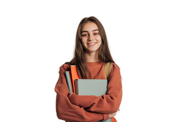 Fototapeta premium A young woman, with a bright smile, stands confidently with a stack of books in her arms. Her long brown hair cascades down her back and she wears a warm, cozy sweater