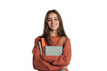 A young woman, with a bright smile, stands confidently with a stack of books in her arms. Her long brown hair cascades down her back and she wears a warm, cozy sweater