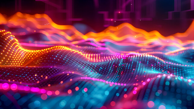 Stylized 3D of Dynamic Colorful Light Trails in a Dark Grid like Digital Landscape with Flowing Data Streams  Featuring Vibrant Colors Glowing Effects and Cinematic Lighting to Create a High Energy