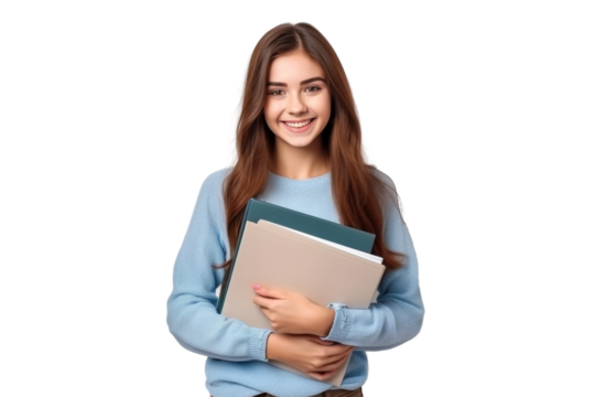 A young woman with long brown hair smiles brightly as she holds a stack of textbooks against a white backdrop