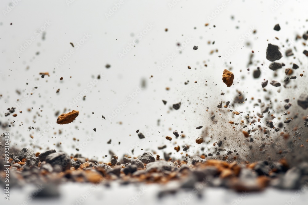 Aufkleber a burst of tiny stone particles explodes against a white background, creating a cloud of dust and a 