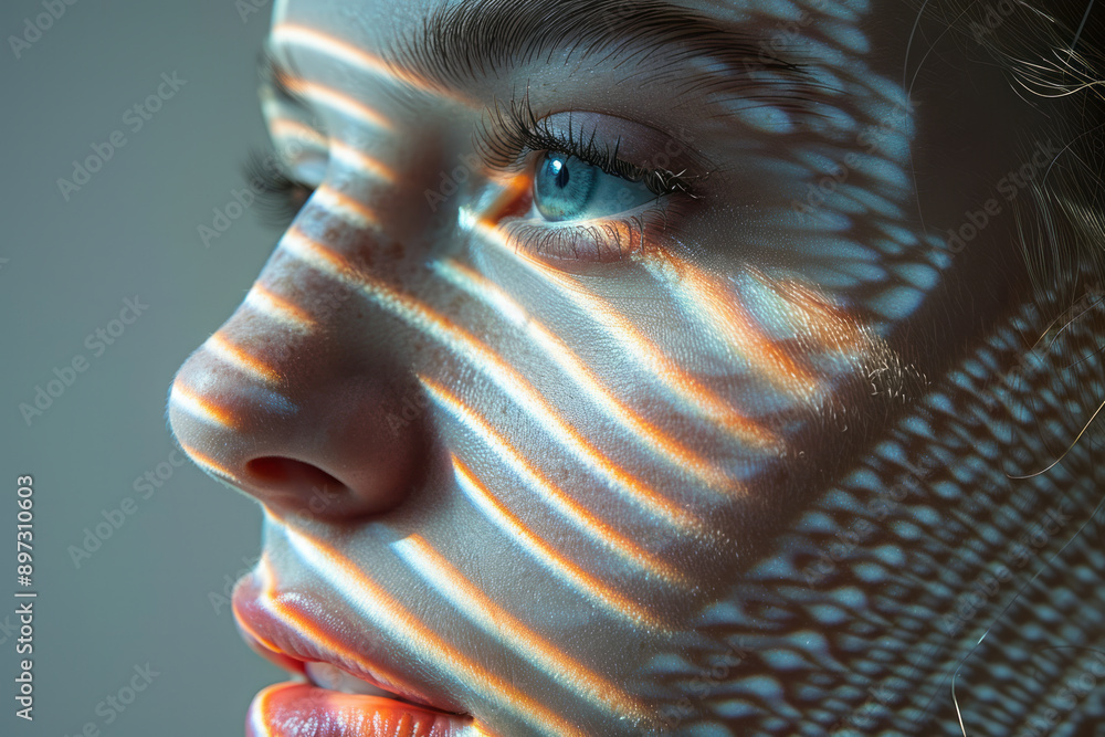 Poster a surreal depiction of a face with one half in shadow, the other half illuminated with a grid patter