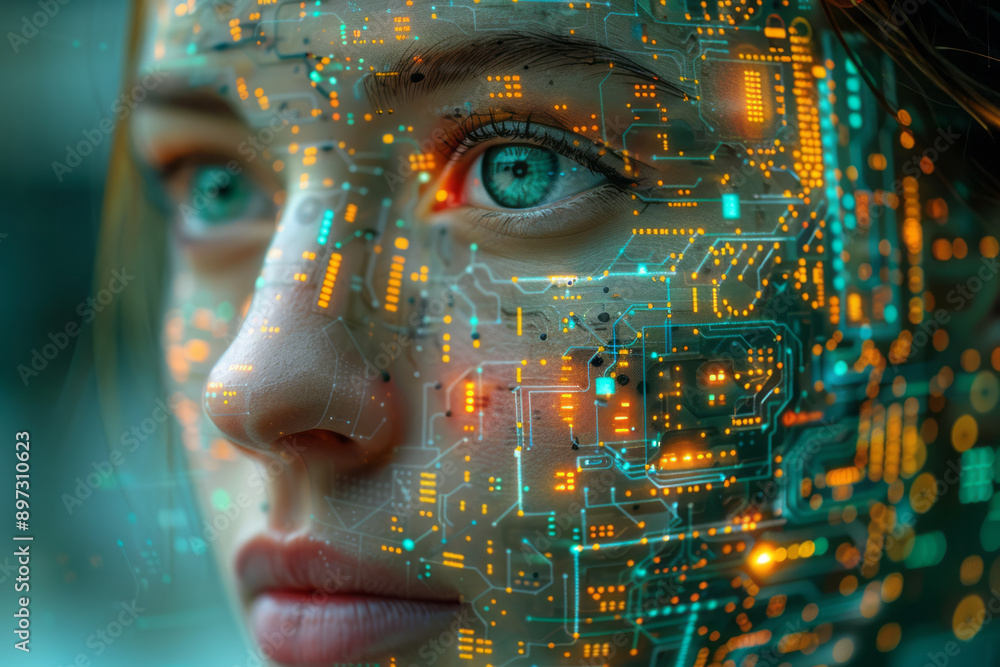 Aufkleber a minimalist depiction of a face with a transparent overlay showing digital circuits,
