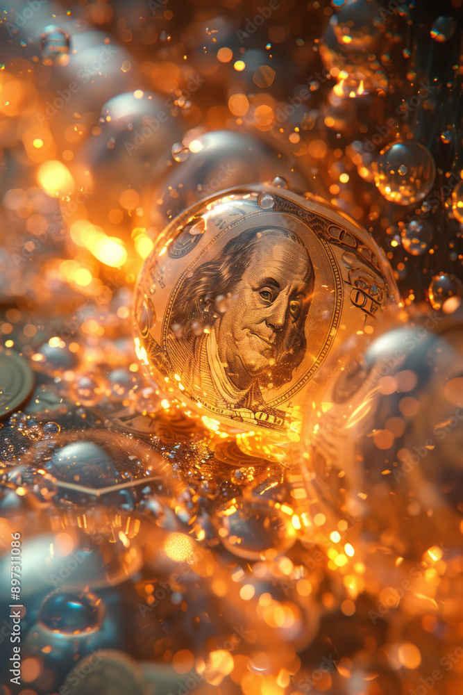 Poster clean, surreal animation of currency evolving into imaginative forms