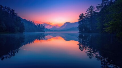 Serene Sunset Reflections at a Tranquil Mountain Lake