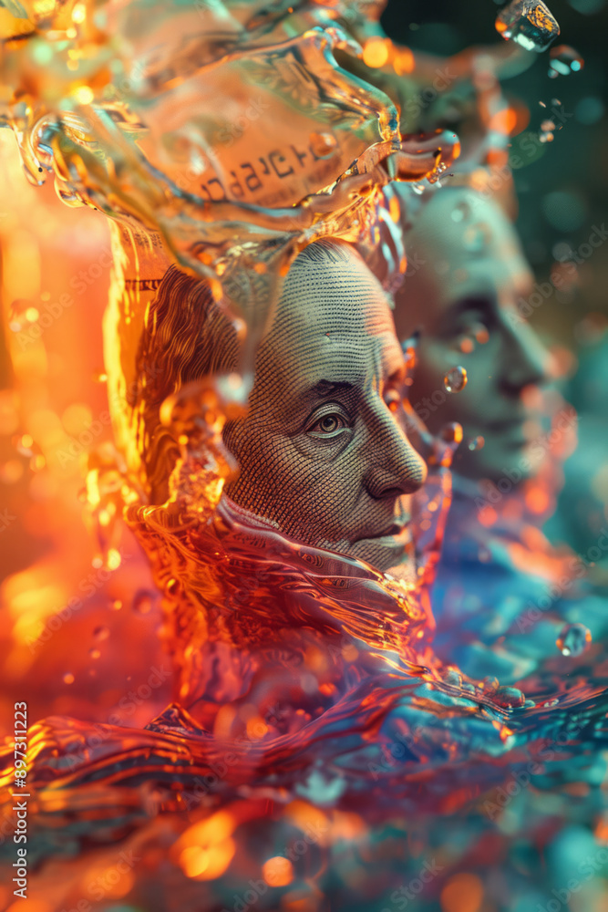 Poster sleek animation of banknotes evolving into imaginative, surreal forms