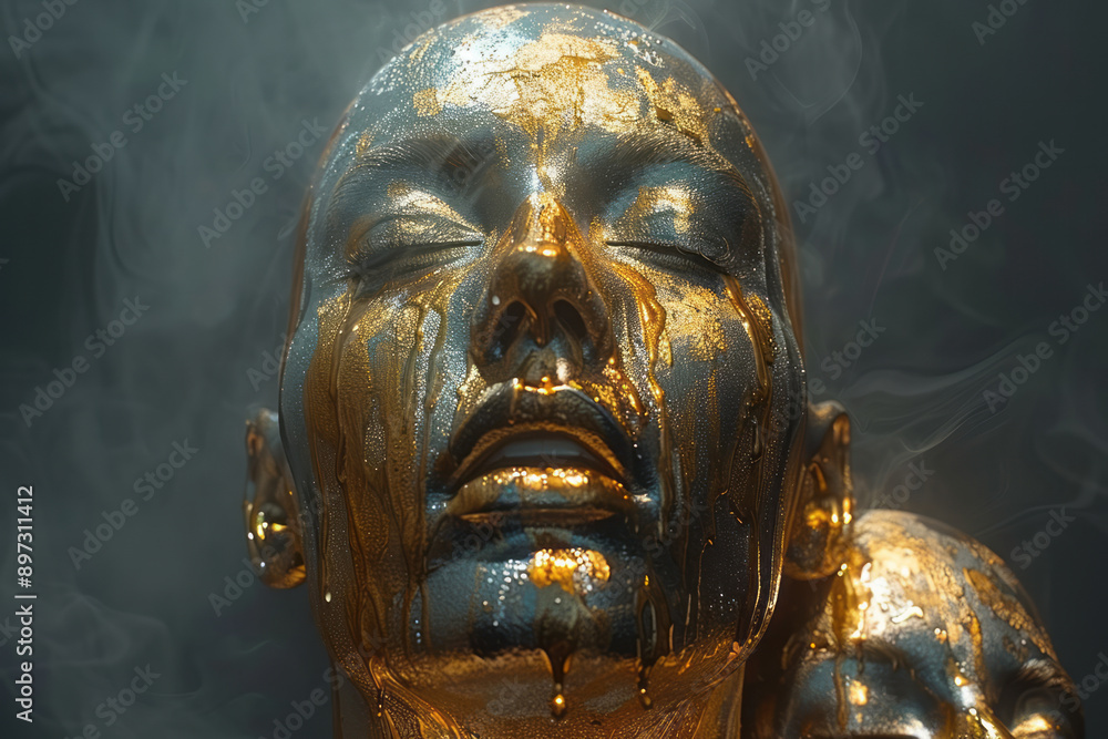 Poster clean and simple animation of a bust with gold or silver dripping slowly in a minimal setting