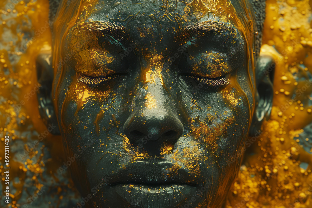 Poster clean and simple animation of a bust with gold or silver dripping slowly in a minimal setting