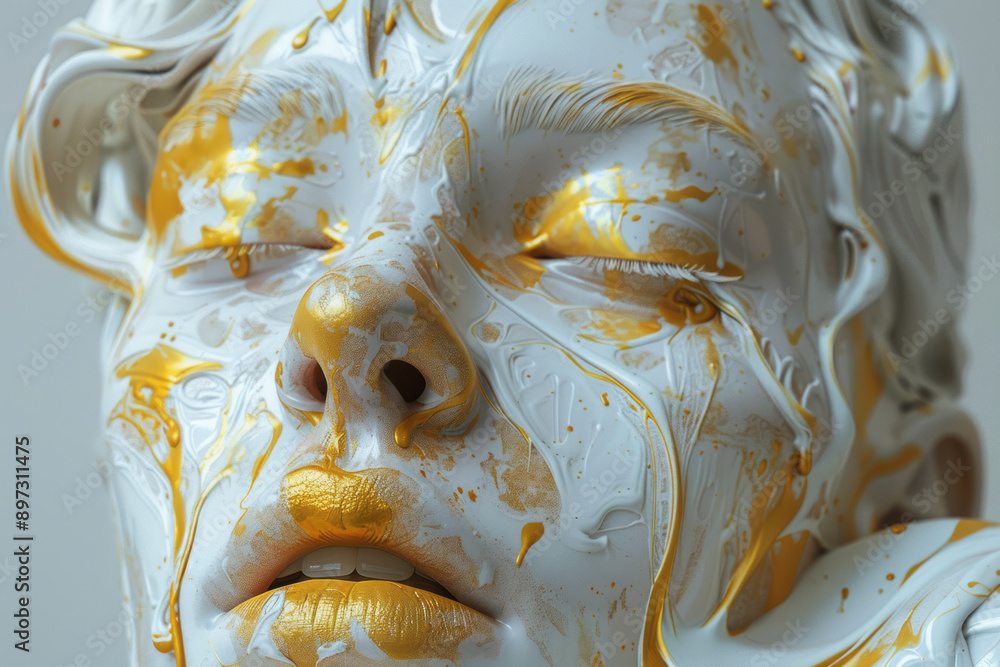 Poster clean and simple animation of a bust with gold or silver dripping slowly in a minimal setting