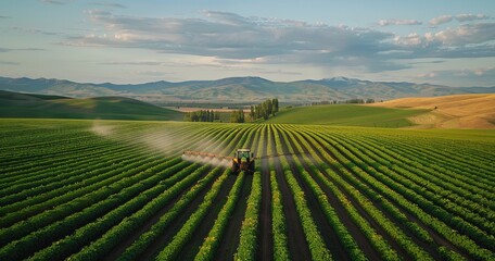 A tractor spraying fertilizer on crops in the vast fields of an agricultural landscape