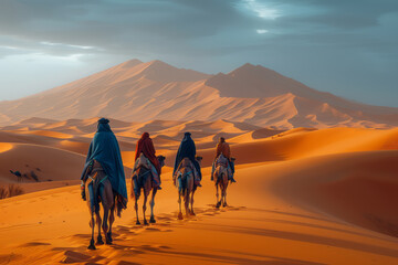 Fototapeta premium Clean and simple image of desert wanderers with camels in a vast, minimalist setting