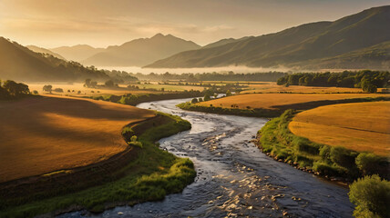 Mountain Sunset Over a Lake and Wheat Field, sunset, lake, sky, nature, landscape, field, summer