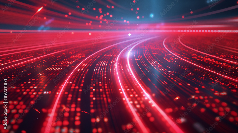 Poster stadium running red track with futuristic digital movements, highlighted by abstract neon lines and 