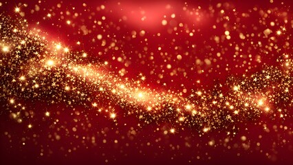 Fototapeta premium Red liquid with tints of golden glitters. Red background with a scattering of gold sparkles. Magic Galaxy of golden dust particles in red fluid with burgundy tints