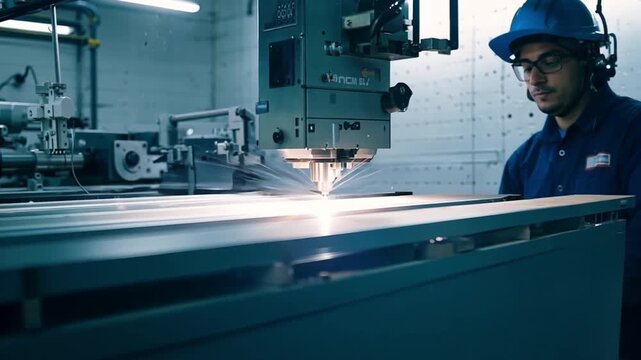 In the tool workshop, a CNC operator and a mechanical technician insert data at a metal machining milling center.