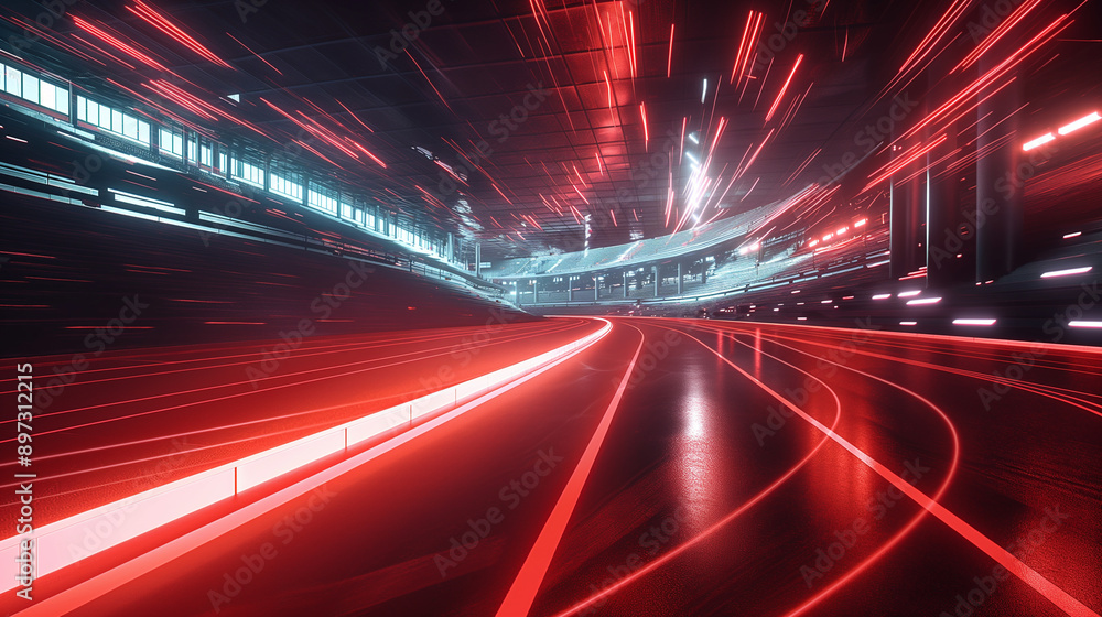 Poster futuristic red running track in a stadium, accented by digital light trails and abstract geometric p