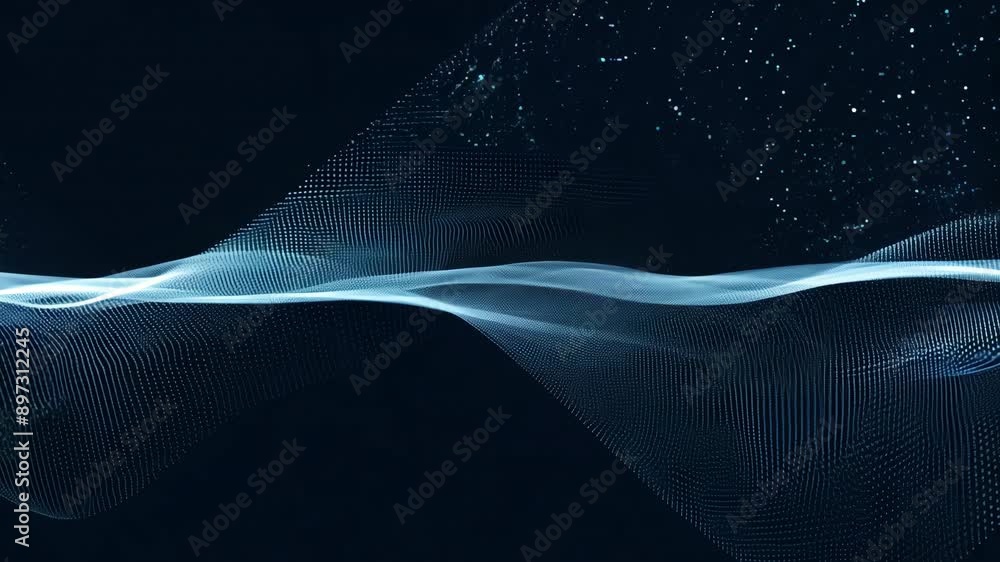 Poster abstract flowing wave of digital particles on dark background