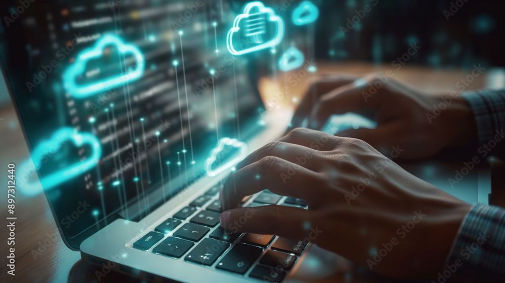 Poster closeup of hands typing on a laptop keyboard, with cloud storage icons and data files hovering on th