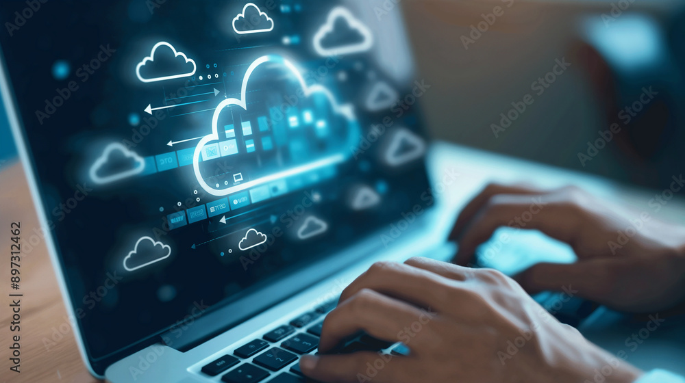 Poster closeup of hands typing on a laptop keyboard, with cloud storage icons and data files hovering on th