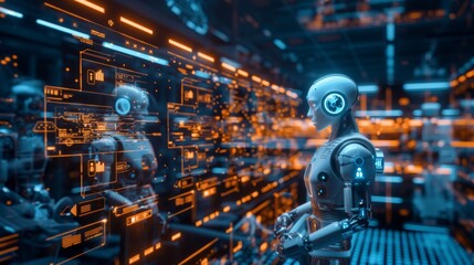 Futuristic Robot in High-Tech Data Center Interacting with Digital Interface and Holographic Displays