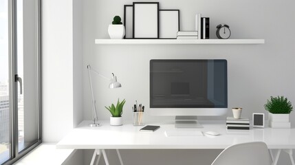 Modern Minimalist Office with a White Desk, a Computer Monitor, and Minimal Decor