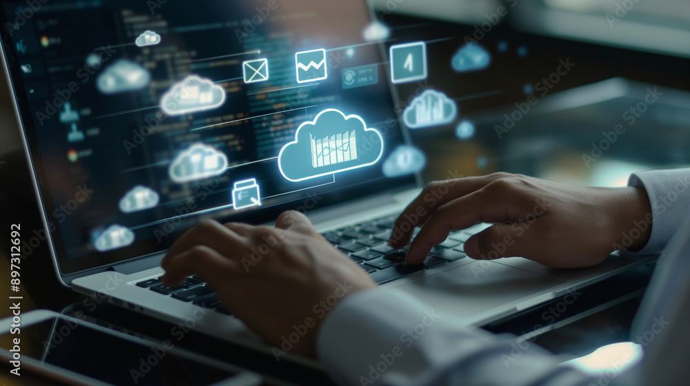 Poster a person working on a laptop with cloud storage icons and data files visible on the screen, illustra