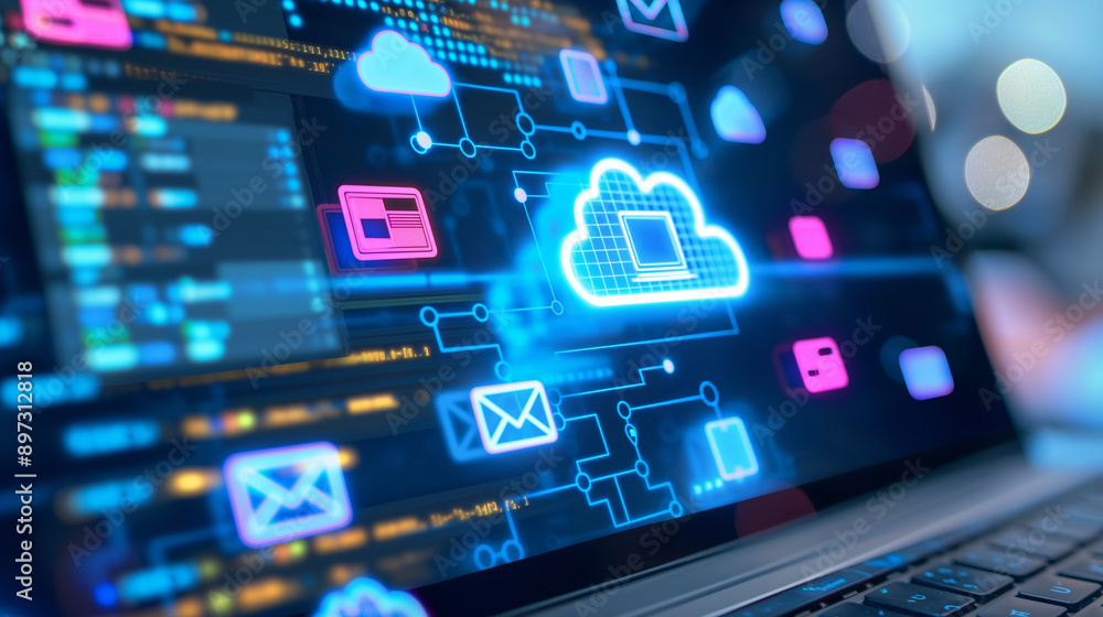 Poster closeup of a laptop screen with cloud storage icons and data files, demonstrating the integration of