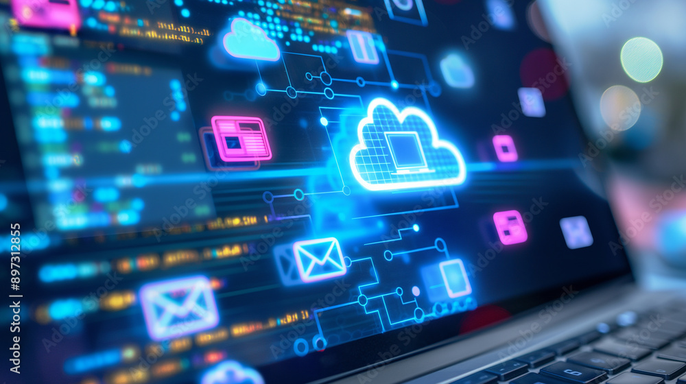 Poster closeup of a laptop screen with cloud storage icons and data files, demonstrating the integration of