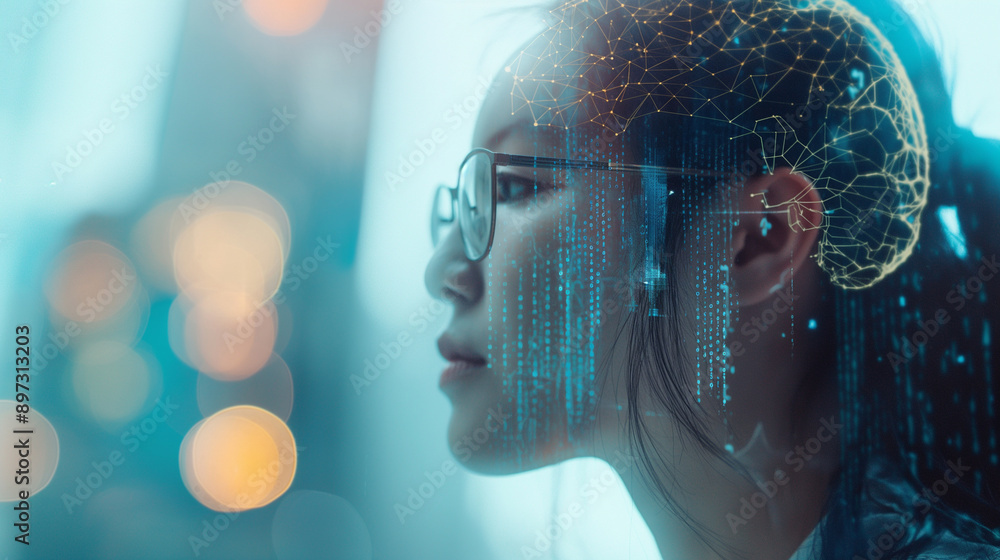 Aufkleber digital profile shot of an ai mate wearing glasses, with her head featuring detailed digital brain i