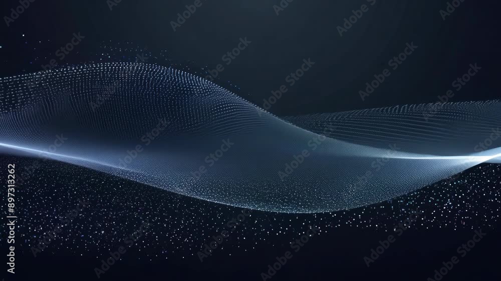 Poster abstract flowing wave of digital particles on dark background