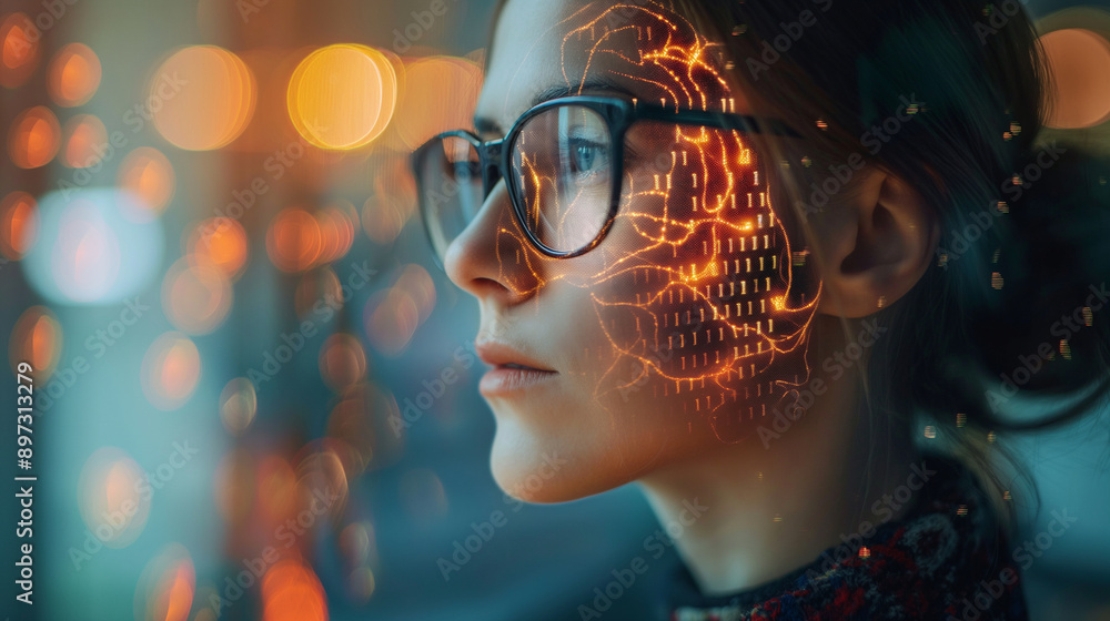 Poster ai mate profile shot, wearing glasses and showcasing digital brain imagery with binary code patterns
