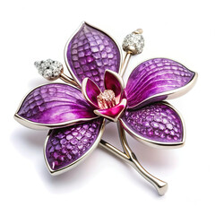 Jewelry with a purple orchid, made of white gold with precious stones.