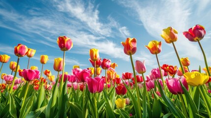 Spring Meadow with Gentle Hills and Brightly Colored Tulips