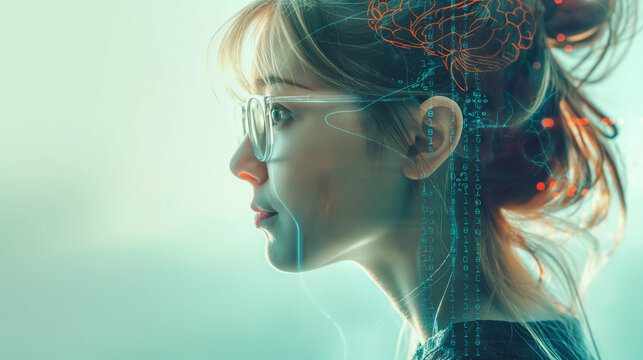 AI Mate side profile with glasses, highlighted by dynamic digital brain imagery and binary code patterns adorning her head
