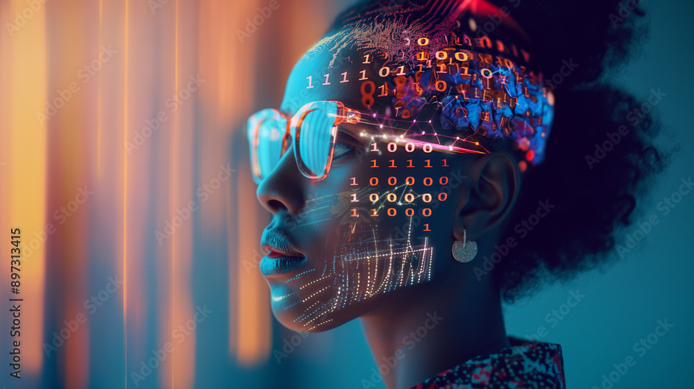 Aufkleber ai mate in profile view, wearing glasses and featuring detailed digital brain imagery with binary co