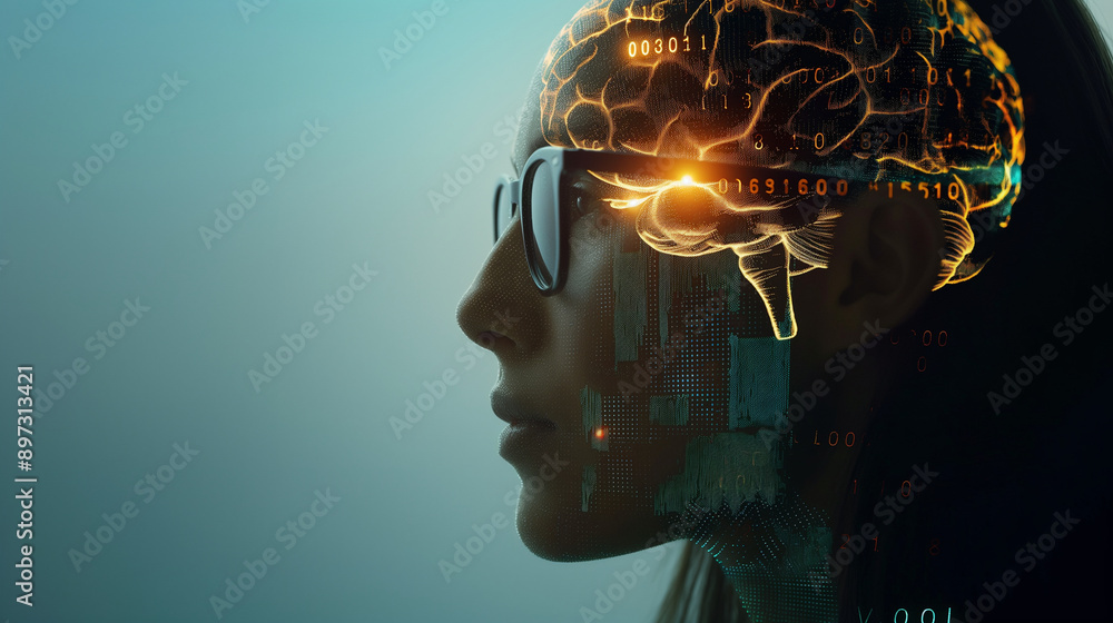 Aufkleber ai mate in profile view, wearing glasses and featuring detailed digital brain imagery with binary co