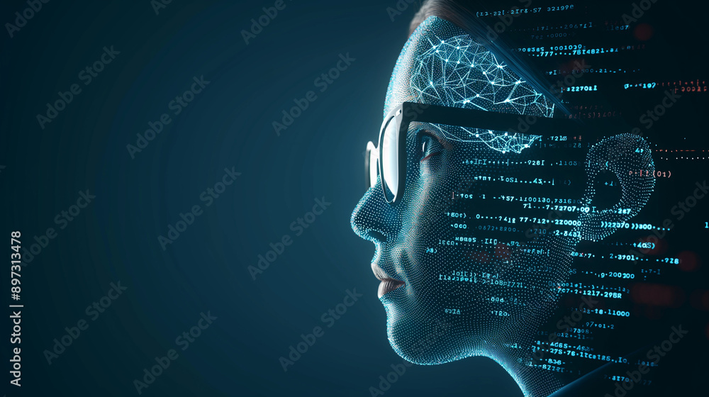 Poster ai mate side profile wearing glasses, with a head embellished by complex digital brain imagery and b